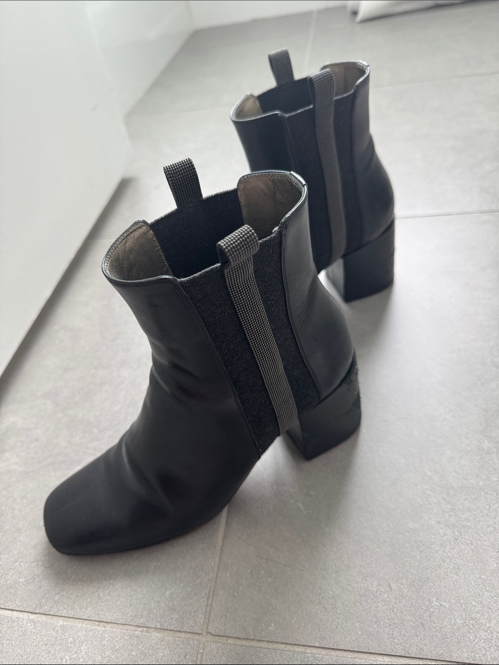 Brunello Cucinelli Black Leather Ankle Booties with Block Heel and Monili side